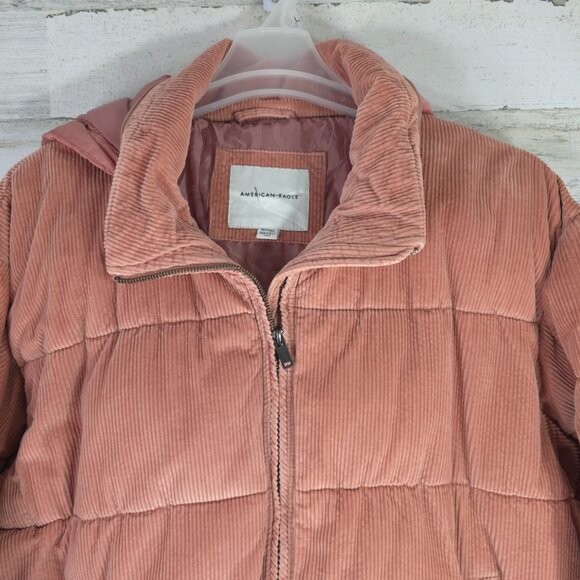 AMERICAN EAGLE PINK CORDUROY PUFFER JACKET WOMEN'S XL HOODED FULL ZIP POCKETS - Picture 6 of 16